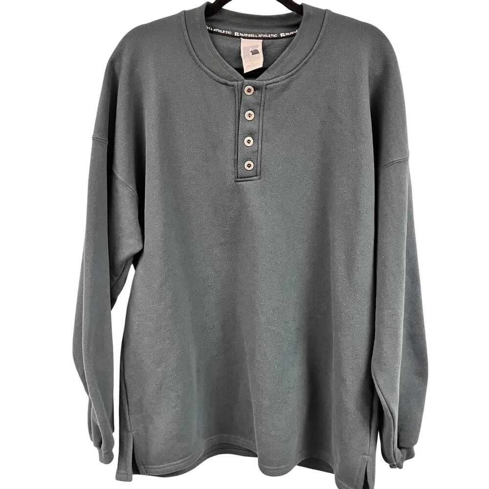 Vintage men's Russel 90's long sleeve henley made in USA slate blue gray LG